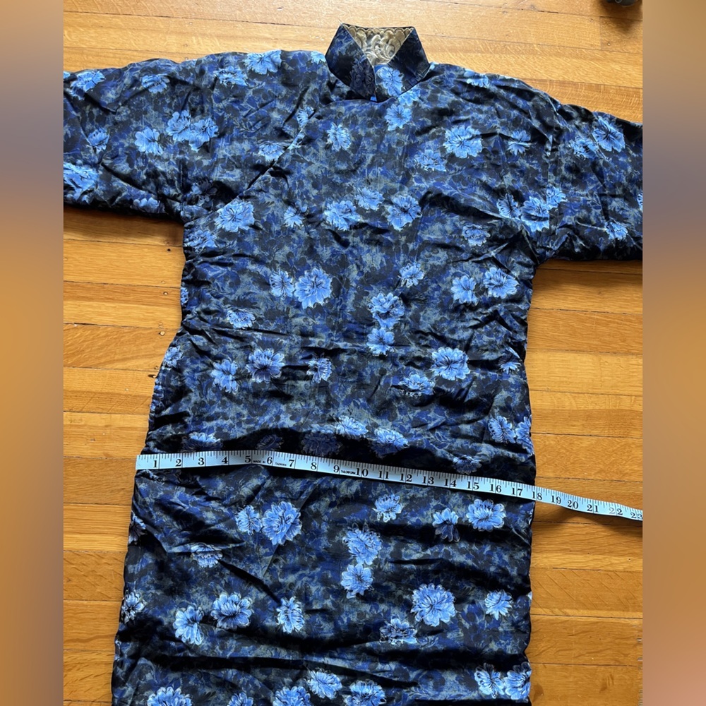 Vintage SILK cheongsam qipao blue floral S padded winter tang chinese dress - Picture 9 of 9